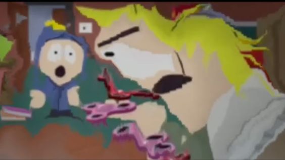 an image of the characters tweek and craig from the american comedy south park. the image is distorted to make the two charcters look funnier, as tweek seems to be upset/angry at craig, also holding figet spinners. craig looks concerned.
